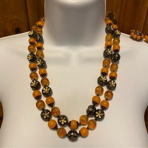 ORANGE AND BLACK VINTAGE BEADED NECKLACE AND EARRINGS HONG KONG